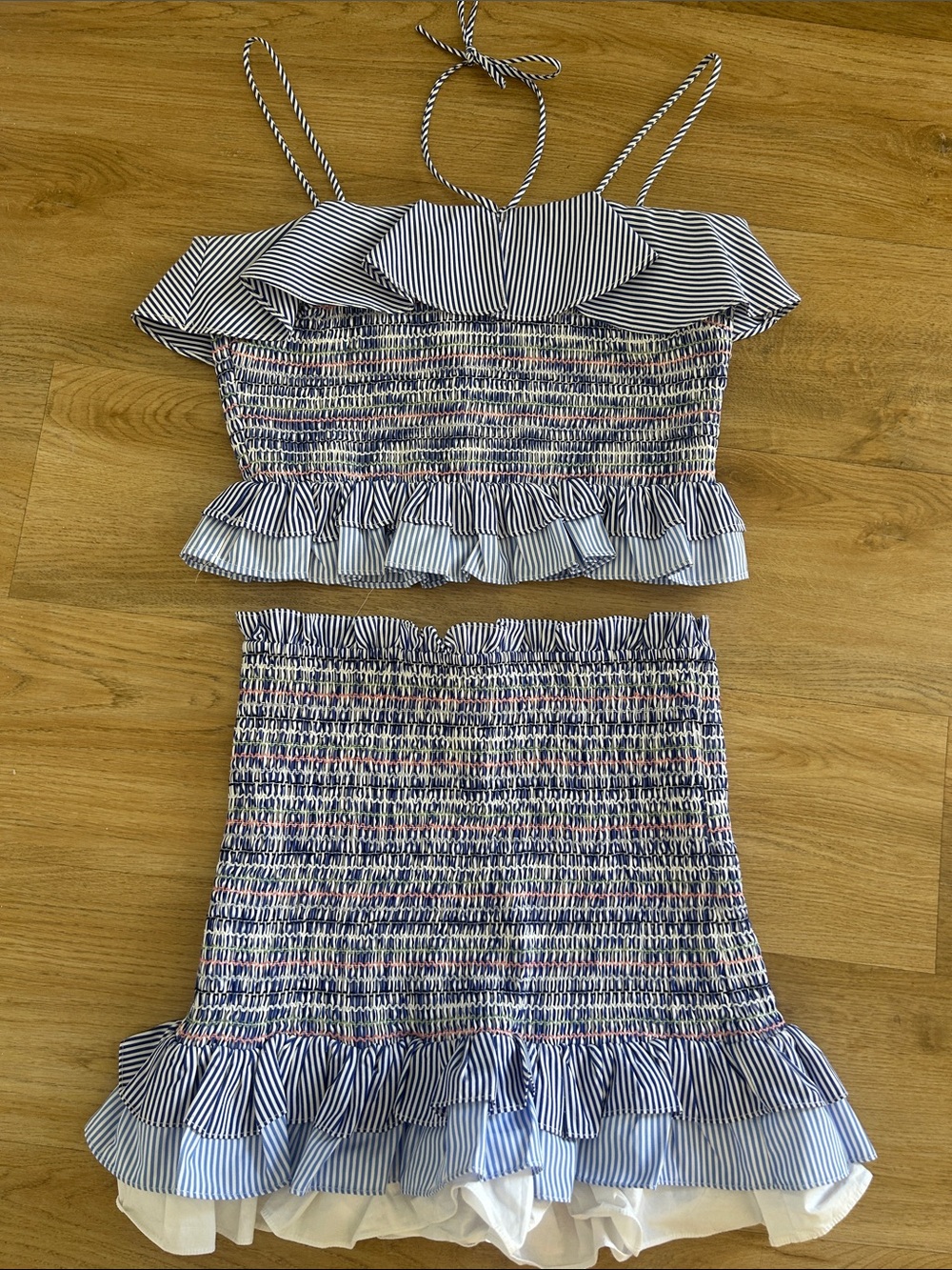 English Factory Striped Ruffle Two-Piece Top & Skirt Set in Navy and White.